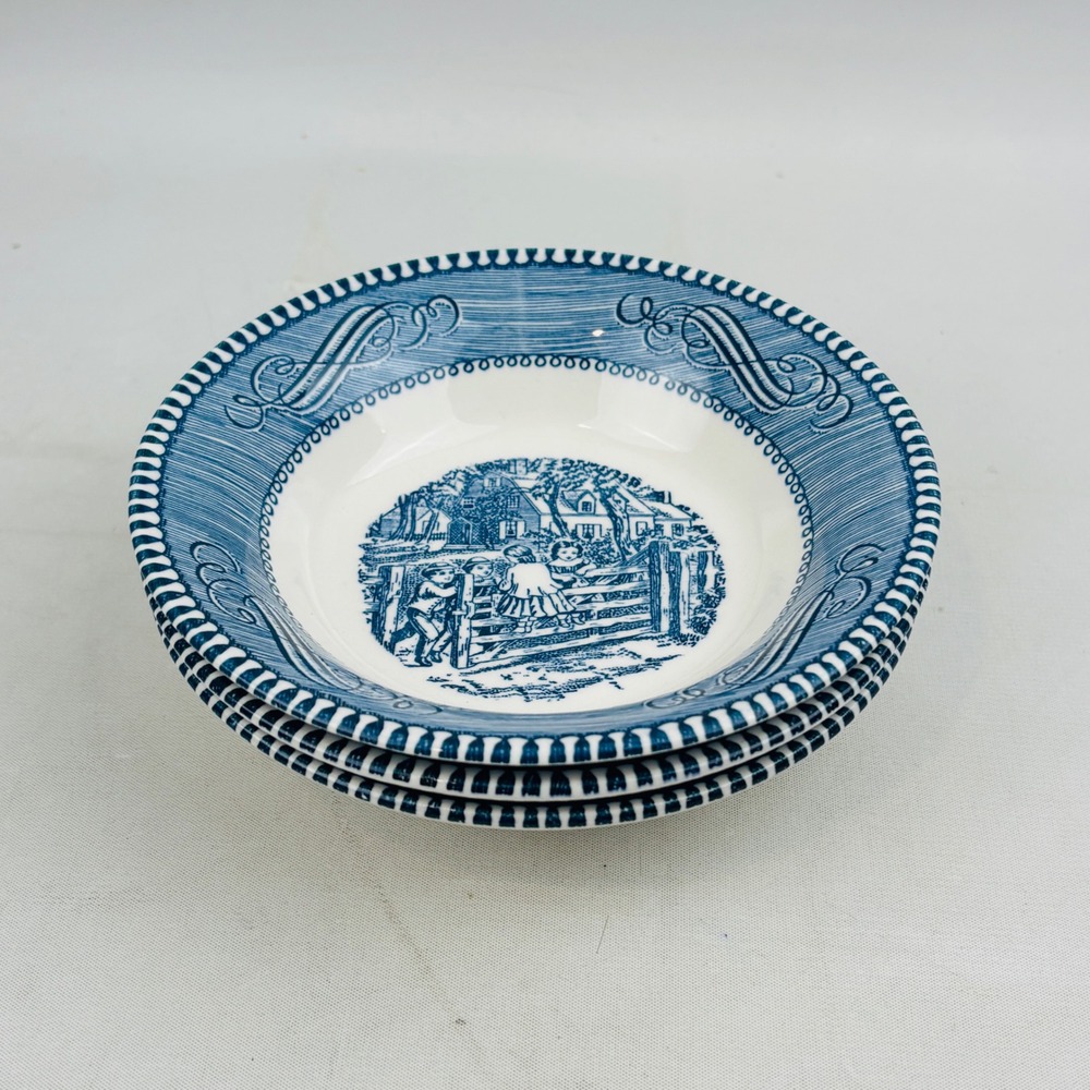 Currier & Ives Old Farm Gate Fruit Dessert Sauce Bowl Set of 3 Blue White Vtg